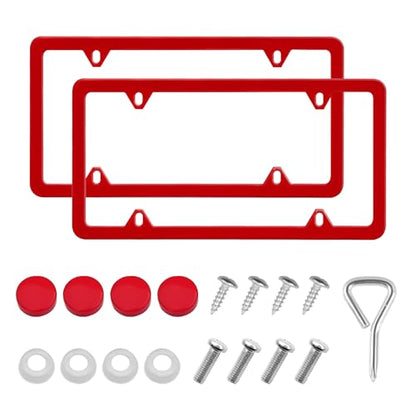 Automotive Universal 2 Pack License Plate Frames Stainless Steel License Plate Holder Covers with Screws Caps Washers Universal 4 Hole Compatible with Car Truck Exterior Accessories, Red - color: Red