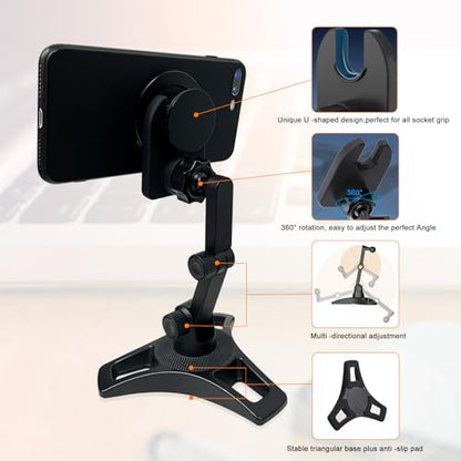 Cell Phone Stand Works for Popsocket, Height Angle Adjustable Desk Phone Holder, Heavy Duty Phone Stand for Desk for Home, Fits for All Sockets Grips