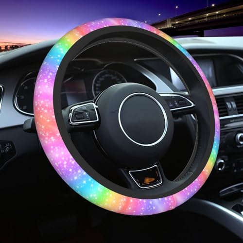 Colorful Rainbow Steering Wheel Cover Car Accessories Cute for Women Girls Girly Universal 15 Inch Neoprene Auto Interior Decor Anti Slip Automotive Truck Protector - color: Shiny Rainbow