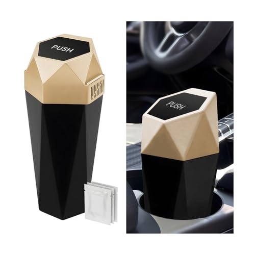 Car Trash Can with Lid, Mini Leakproof Fragrance Vehicle Cup Holder Garbage Bin for Console Door, Small Portable Auto Interior Dustbin Organizer Accessories, Universal Fit (Gold) - color: Gold