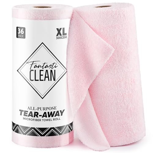 Fantasticlean Tear-Away Microfiber Cleaning Cloth Roll, 12'' by 12''- 36 Sheets, Thick & Large Detailing Towels, Ultra Absorbent, Lint-Free Reusable Wipes for Home, Car or Outdoor (Glossy Pink) - color: Pink, size: 12'' X 12''