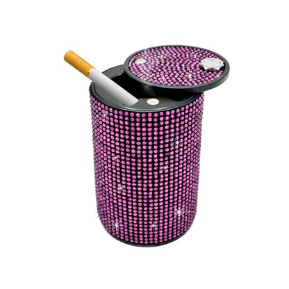 Bling Car Ashtray with Lid, Rhinestones Fireproof Auto Cup Holder Cigarette Ash Tray, Smokeless Crystal Diamond Ashtray Mini Trash Can for Women Girls, Car Accessories (Pink) - color: Pink