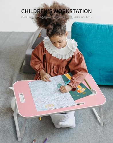 ZEAPTAC Laptop Bed Desk, Foldable Lap Desk, Portable Lap Table, Laptop Stand with Cup Holder & Tablet Slot & Lifting Handle for Working Writing Drawing & Eating - Rose Pink - color: Rose Pink