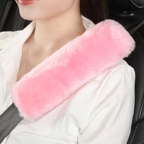 AOGELAN Fluffy Fuzzy Genuine Sheepskin Car Seat Belt Covers for Soft Auto Lambswool Seatbelt Pads, Shoulder Strap Cushion Adults Kids (2, Pink) - color: Pink