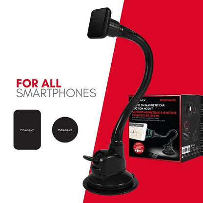 Macally Windshield Phone Mount for Car Magnetic - Suction Cup Window Mount Phone Holder with 8" Long Gooseneck Arm & Super Strong Magnet Mount for Smartphone and iPhone
