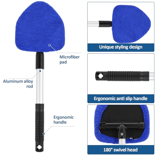 Windshield Cleaning Tool, Car Window Cleaner with Extendable Long Handle and 4 Washable Reusable Microfiber Pads and Spray Bottle, Auto Interior Exterior Glass Wiper Kit Supplies (Blue) - color: Blue