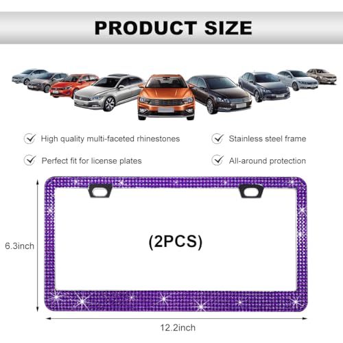 DXNQ Bling License Plate Frame, Sparkly Rhinestone Diamond License Plate Cover with Crystal Screws Caps, Glitter Crystal Stainless Steel License Plate Holder for Women, Car Accessories (Purple,2PCS) - color: Purple,2PCS
