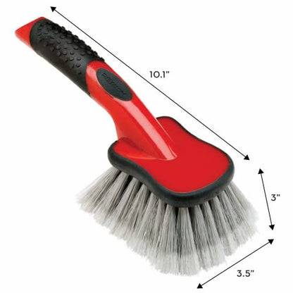 Mothers Car Wash Brush, Wheel and Fender Brush, Short Handle Tire Cleaner for Car Detailing, 10 Inch, Red/Black - size: Standard