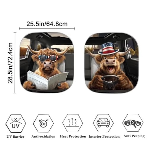 Windshield Sun Shade Sun Shield for Front Window Blocks UV Rays, Foldable Drive Highland Cow US Flag Sunshade Universal for Cars, Heat Reflector Keep Your Vehicle Cool, 2pcs - color: Drive Highland Cow US Flag