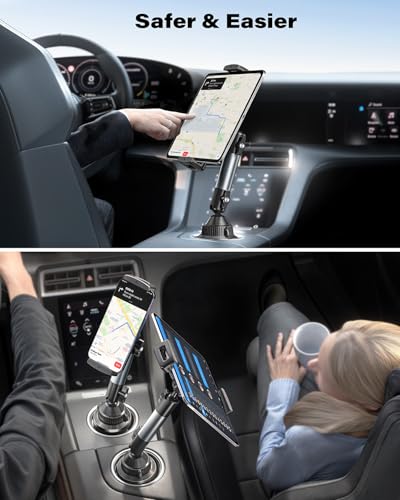A2C Heavy-Duty iPad Holder for Car Cup Holder, 5.5" Stable & Adjustable Aluminum Alloy Arm, Tablet Mount for Car Truck Road Trip Essentials Compatible with 4.7"-13" Cell Phones & Tablets