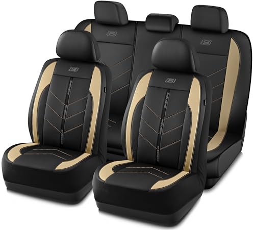Skechers Car Seat Covers,Luxury Faux Leather Seat Covers,Waterproof Anti Slip Car Seat ProtectorFull Set,Car Accessories Airbag Universal Fit for Most Cars,Vans,Trucks,SUV,Beige - color: Black and Beige, size: Full Set