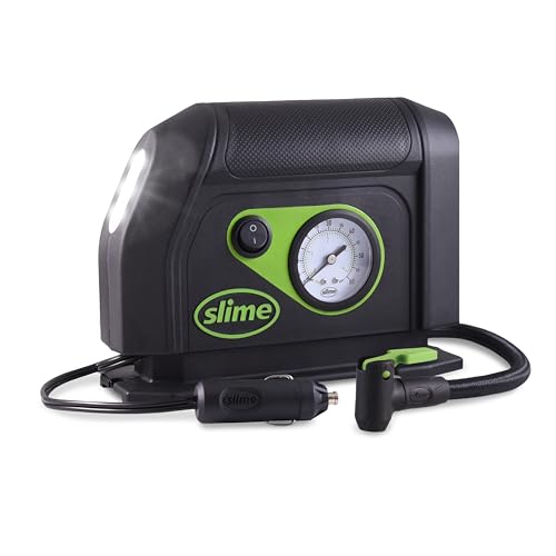 Slime 40050 Tire Inflator, Portable Car Air Compressor, with Analog 100 psi Dial Gauge, Long Hose and LED Light, 12V, 8 min Inflation - style: Analog