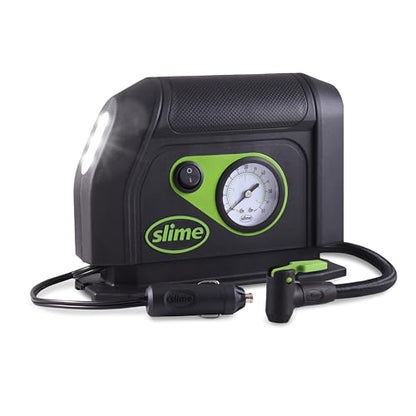 Slime 40050 Tire Inflator, Portable Car Air Compressor, with Analog 100 psi Dial Gauge, Long Hose and LED Light, 12V, 8 min Inflation - style: Analog