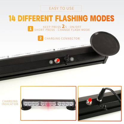 14" Blue Battery Powered Police Firefighter Emergency Strobe Lights Bar for Trucks/Vehicles Rechargeable Wireless Rooftop Mini Hazard Flashing LED Beacon Warning Light w/Magnetic Base - color: #06 Blue/Blue/Blue, size: 14 inchs