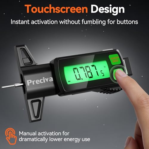 Preciva Rechargeable Tire Tread Depth Gauge, Touch Screen Digital Tire Depth Gauge with Lighting, in/MM/F Conversion, IP54 Waterproof, Auto Power Off, for Tread Depth, Brake Shoe and Pad Wear