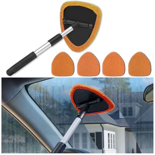 Windshield Cleaner Tool - Portable Car Interior Window Cleaning Kit with Extendable Handle, 4 Microfiber Towel Pads, Auto Glass Wiper for Windshield, Universal for RV, SUV, Truck (Orange) - color: Orange