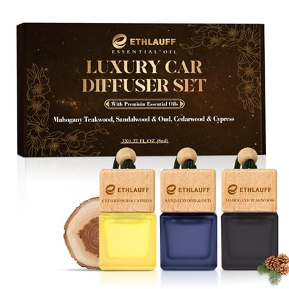 Car Air Freshener Hanging, 3 Pcs Teakwood Mahogany, Sandalwood & Oud, Cedarwood & Cypress, Wooden Scent Air Fresheners Diffuser for Car, 45+ days Long Lasting Fragrance, 0.27 FL OZ/8ML
