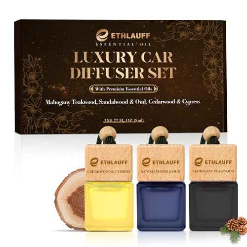 Car Air Freshener Hanging, 3 Pcs Teakwood Mahogany, Sandalwood & Oud, Cedarwood & Cypress, Wooden Scent Air Fresheners Diffuser for Car, 45+ days Long Lasting Fragrance, 0.27 FL OZ/8ML