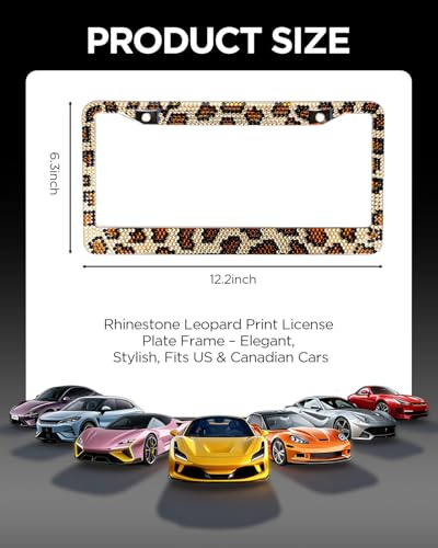Leopard License Plate Frame 2 Pcs, Stylish Handcraft Rhinestone Diamond & Aluminum Chrome Body, Standard Durable Bling License Plate Frames Covers for Women, 4 Crystal Caps with Screw