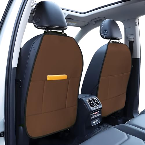 2 Pack Brown Car Backseat Organizer,Waterproof Oxford Kick Mats Seat Back Protector with 3 Storage Pockets,Car Back Seat Organizer for Pets Scratch Resistant Auto Interior Accessories