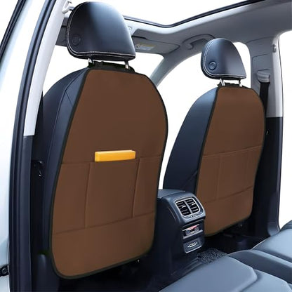 2 Pack Brown Car Backseat Organizer,Waterproof Oxford Kick Mats Seat Back Protector with 3 Storage Pockets,Car Back Seat Organizer for Pets Scratch Resistant Auto Interior Accessories