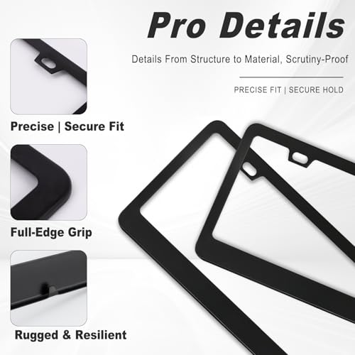 2 Pack Matte Black License Plate Frame, Black Metal License Plate Frame with 2-Hole, Universal Solid Stainless Steel Holder, Includes Screws for Men & Women - color: Black