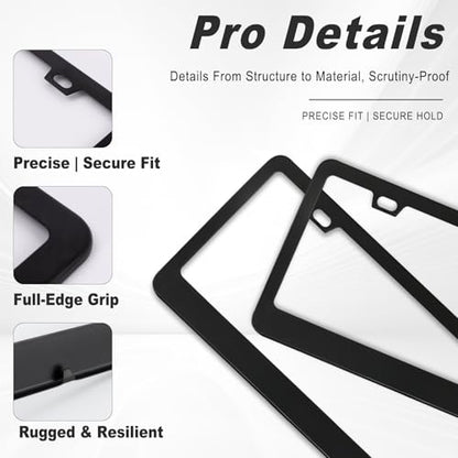 2 Pack Matte Black License Plate Frame, Black Metal License Plate Frame with 2-Hole, Universal Solid Stainless Steel Holder, Includes Screws for Men & Women - color: Black