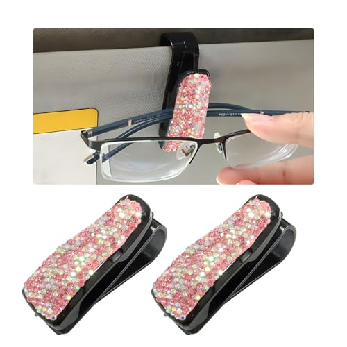 Wevdn 2 PCS Car Sun Visor Glasses Holder, Fashion Bling Car Eyeglasses Sunglasses Hanger for Women Girls, Glasses Holder Clip Hanger Mount with Ticket Card Clip, Car Accessories (Pink Colorful) - color: Pink Colorful