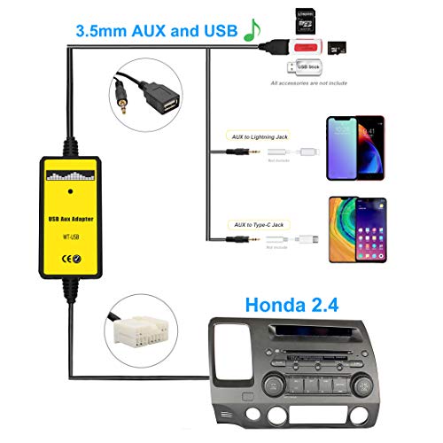 AUX Cord, Car Audio USB AUX Input Adapter Stereo CD Changer Compatible with Honda Accord 2003-2011/City 2002-2011/CRV 2005-2011/Civic 2006-2011/Odyssey 2005-2011 - size: USB+AUX Adapter