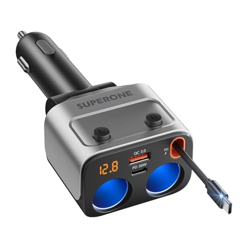 180W Cigarette Lighter Splitter w/Retractable 36W USB-C Cable, SUPERONE 2-Socket Cigarette Lighter Adapter with QC3.0 Car Charger Splitter for GPS/Dash Cam/Laptop/iPad/iPhone 17/16/15/14/13/12/11