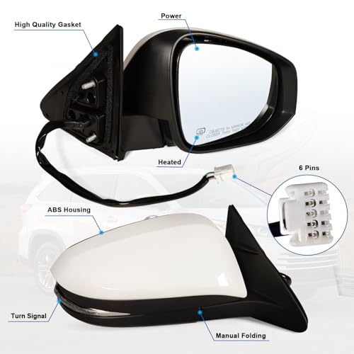 Right Passenger side Mirror Fits 2014-2019 Toyota Highlander With Power Glass, Heated,Turn Signal and Manual Folding,Without Blind Spot Match white Replace 87910-0E140(6Pins) - color: White, size: 6Pins-Right