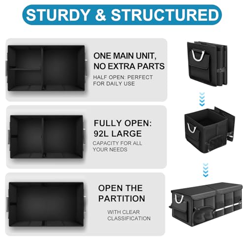 Car Trunk Organizer, 1680D Waterproof Oxford, Collapsible Waterproof Car Organizer Storage with Foldable Cover, Reflective Strip, 4 Mesh Pockets for SUV, Truck, Sedan, Camping, Road Trip (92L)