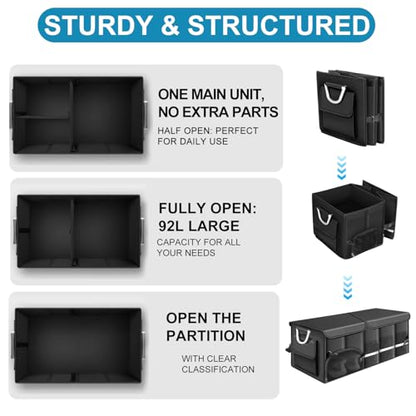 Car Trunk Organizer, 1680D Waterproof Oxford, Collapsible Waterproof Car Organizer Storage with Foldable Cover, Reflective Strip, 4 Mesh Pockets for SUV, Truck, Sedan, Camping, Road Trip (92L)