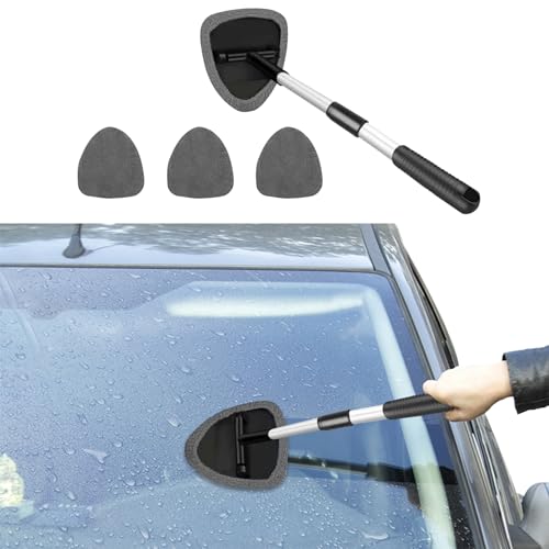 Windshield Cleaning Tool, Car Window Cleaner with 4 Washable Reusable Microfiber Pads, Auto Interior Exterior Extendable Long Handle Glass Wiper Cleaning Kit Universal for Office and Home (Grey) - color: Grey