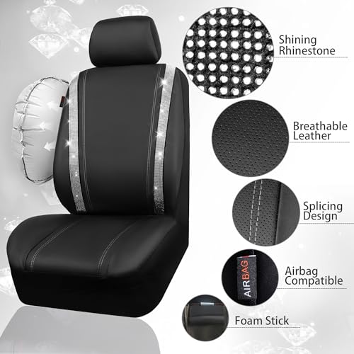 CAR PASS Bling Diamond Car Seat Covers Full Set, Shining Rhinestone Waterproof Faux Leather, Rear with Zipper, Universal Fit Automotive Glitter Crystal Sparkle Strips for Cute Women Girl, Silver - color: Black Diamond And Silver, size: Full Set