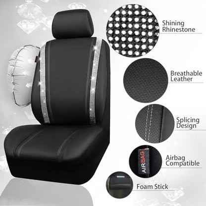 CAR PASS Bling Diamond Car Seat Covers Full Set, Shining Rhinestone Waterproof Faux Leather, Rear with Zipper, Universal Fit Automotive Glitter Crystal Sparkle Strips for Cute Women Girl, Silver - color: Black Diamond And Silver, size: Full Set