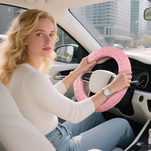 Road Comforts Steering Wheel Cover, Fluffy Car Wheel Covers for Women/Girls/Ladies，Soft Wool Fur Steering Wheel Protector, Universal 14 1/2 inches to 15 inches - Pink - color: Pink
