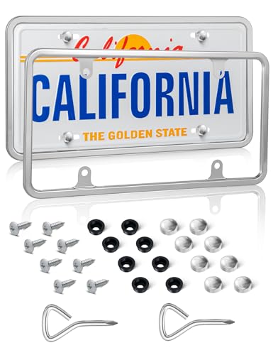 RED WOLF Chrome Polished Mirror License Plate Frame Stainless Steel Without Obstruction Car Slim Silver License Plate Holder Rustproof Unbreakable with Screws 6 x 12” Universal for Car Van (2-Pack) - style: 2-pack