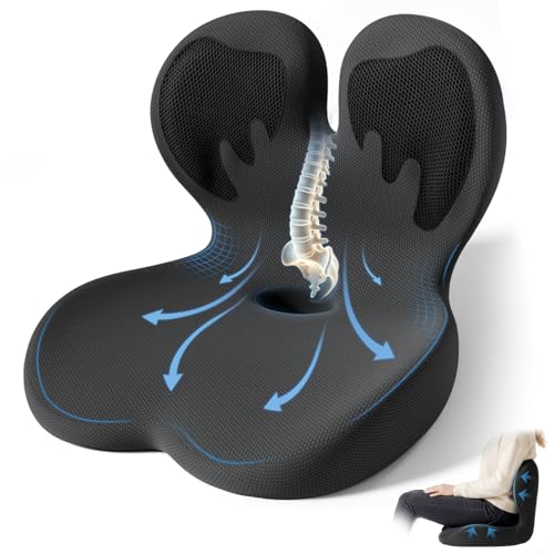 Seat Cushion,Office Chair Cushion with Lumbar Support,Memory Foam Car Orthopedic Cushion,Ergonomic Designed for Long Sitting,Tailbone & Back Pain Relief,Sciatica Pillow for Office,Car,Home Chair - color: Black+black Wings