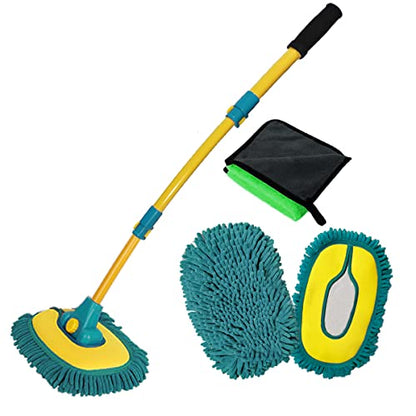 Car Wash Brush with Long Handle, Car Wash Mop Mitt with 2 Replacement Head , Extension Pole Car Brush Cleaning Kit for Cars Trucks - color: Green-2 Heads