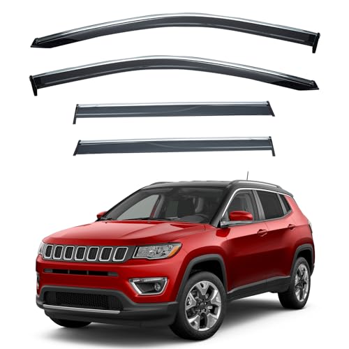 4pcs Vent Window Visors Compatible with 2017/2018-2024 Compass New Body,Outside Mount Style Sun Rain Guard,Smoke Tint with Chrome Trim - size: For 2017-2024 Jeep Compass