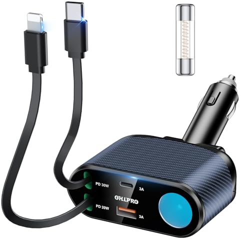 OHLPRO Retractable Car Charger Cigarette Lighter Adapter, 168W 5 in 1 Fast Phone Charging Built-in Replaceable Fuse, Socket Splitter with USB C and USB i Cord, Fit for Phone iPad Galaxy GPS, Blue - size: Type-c+usb-i
