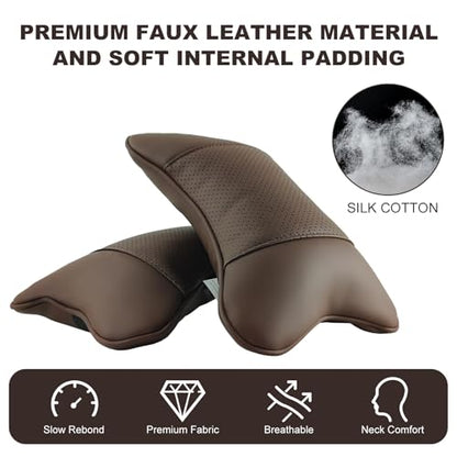 2 Pack Car Neck Pillow PU Leather Automotive Headrest Pillow for Car Support Neck Pain Relief Universal Car Pillow (Brown) - color: Brown