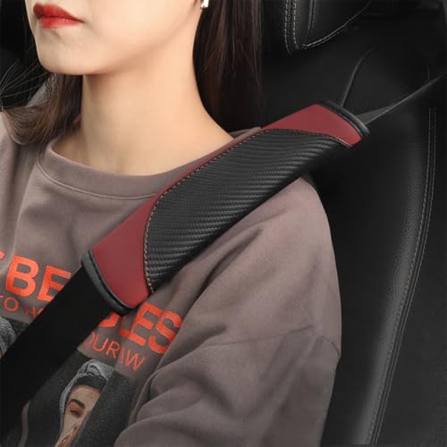 2PCS Carbon Fiber Car Seat Belt Cover, Leather Comfortable Soft Vehicle Seatbelt Pad for Shoulder & Neck, Automotive Interior Seat Strap Cushion Mat, Universal Fit (Black/Wine Red) - color: Black/Wine Red