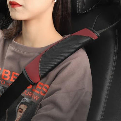 2PCS Carbon Fiber Car Seat Belt Cover, Leather Comfortable Soft Vehicle Seatbelt Pad for Shoulder & Neck, Automotive Interior Seat Strap Cushion Mat, Universal Fit (Black/Wine Red) - color: Black/Wine Red