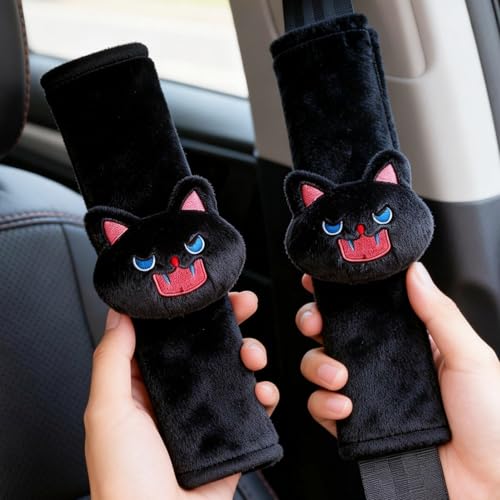 2 PCS Seat Belt Cover Pad, Cute Kawaii Animal Cat Seatbelt Covers for Kids, Soft Seatbelt Cushion, Car Seat Strap Pads (Black) - color: Black
