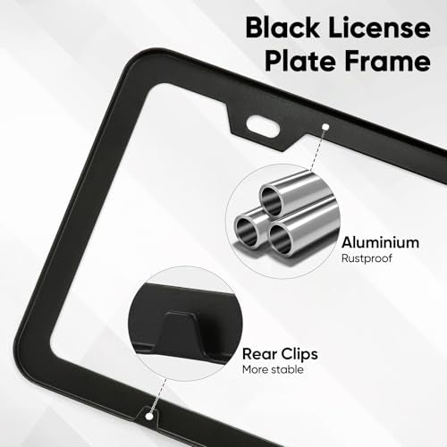 2 Pack License Plate Frames, 2 Holes Matte Black License Plate Frame,Aluminum License Plate Holder with Free Screws Fasteners Caps and Tool - color: Black-2 Holes