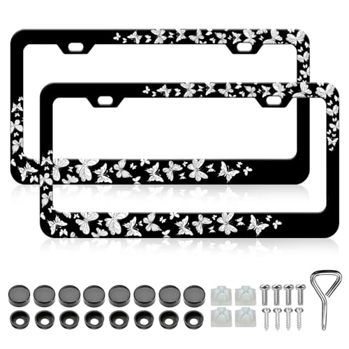 LIN KANG 2PCS Black White Butterfly License Plate Frames Cute Butterfly Pattern License Plate Holder Universal Aluminum Metal Rust-Proof Waterproof Car Decorative Tag Frames for Standard US 12x6 Inch - color: Black White Butterfly