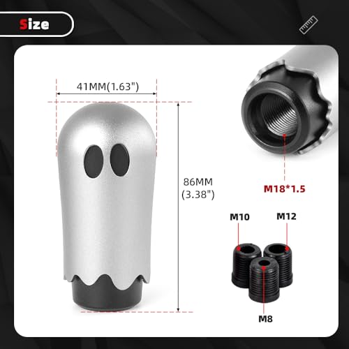 Ghost Shift Knob, Aluminum Weighted Automotive Gear Shift Manual knobs Lever with 3 Threaded Adapters M8 M10 M12 x 1.25, Universal for Vehicle Funny Cool Spooky Car Accessories (Silver) - color: Silver