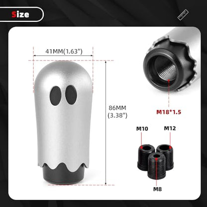 Ghost Shift Knob, Aluminum Weighted Automotive Gear Shift Manual knobs Lever with 3 Threaded Adapters M8 M10 M12 x 1.25, Universal for Vehicle Funny Cool Spooky Car Accessories (Silver) - color: Silver